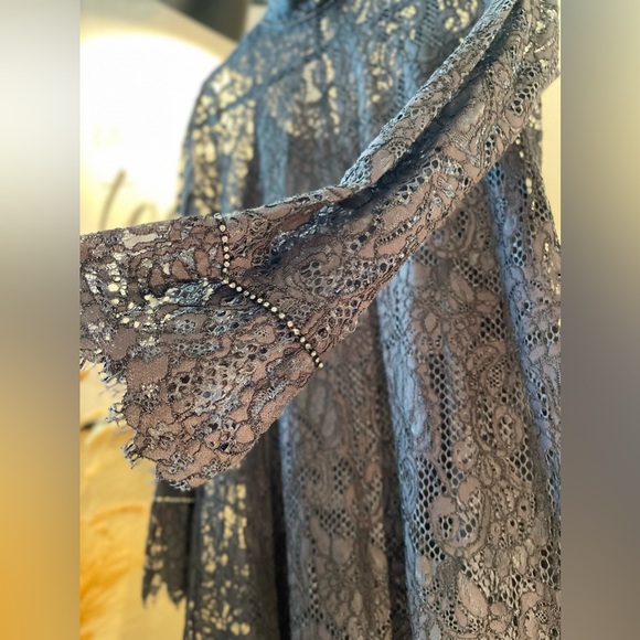 2 Pieces Lacy Gray Dress with Stone Detailed and Long Sleeves - Picture 7 of 13